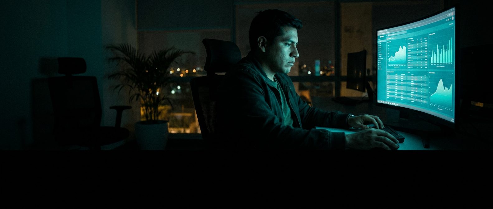 Analista de noche frente a un dashboard, iluminado por la pantalla